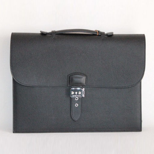 Best Hermes Sac A Depeche Lychee Texture Briefcase Black 509012
